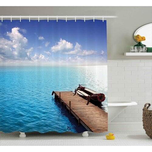 Summer Shower Curtain Wooden Deck on Charm Lake Holiday Europe Coast Tranquil Sea View Bathroom Waterproof Curtains