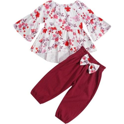 2021 Girls Floral Print Clothes Set, Irregular Hem Long Sleeve O-neck Tops + Trousers with Bow-knot