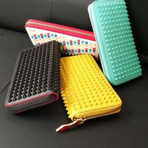 Fashion Women Genuine Leather Bag Color Rivet Long Wallet Card Money Holder Clutch Purse Designer Wallets Phone Pocket