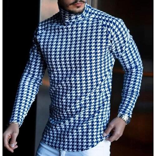 Men Houndstooth Print Slim T-shirt Casual Turtleneck Tee Autumn Spring 2021 Long Sleeve T Shirts Basic Pullover Simple Tops Male