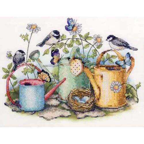 Gold Collection Lovely Counted Cross Stitch Kit Birds Bird Nest Butterflies Butterfly and Watering Pot Garden