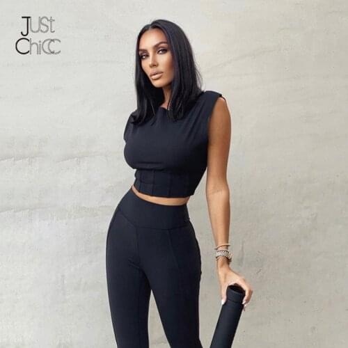Justchicc Solid Black Sleeveless Casual Women Set High Waist Crop Top And Long Pants Sport Matching Set 2021 Fashion New Cloth