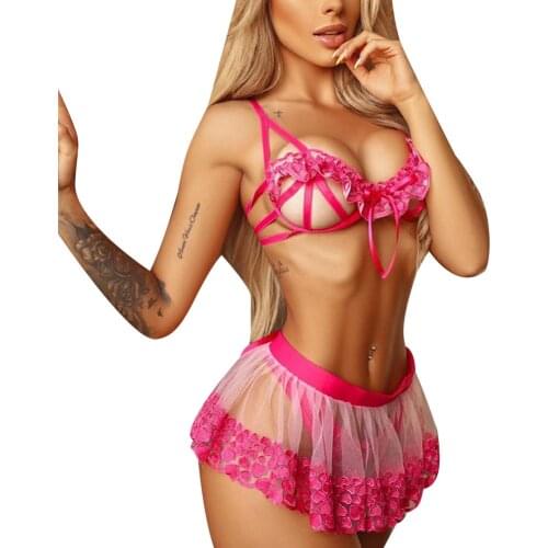 Sexy Women Lace Lingerie Set Hollow Out Ruffle Bra G-string Thong Skirt Set Erotic Underwear Ladies Skinny 3Pcs Lingerie Set