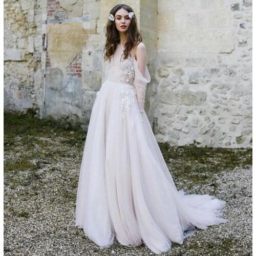 Nude vintage fairy flower bride wedding dress bridal gown champagne lining