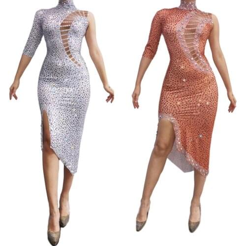 Elegant Crystal Party Bodycon Dress Women Asymmetrical Sleeve Birthday Celebration Dress Latin Dance Rhinestone Dress Stage Wear