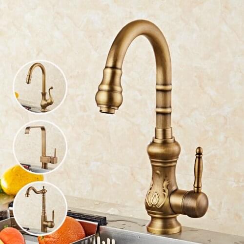Kitchen Sink Faucet Retro Style Antique Solid Brass Hot and Cold Water Single Lever Deck Mounted Brushed Mixer tap Rotatable