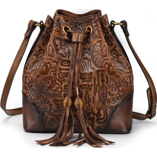 100% Genuine Leather Women Bag Retro Tassel Cowhide Ladies Rub Color Bags Shoulder Crossbody Travel Casual Embossing Handbag