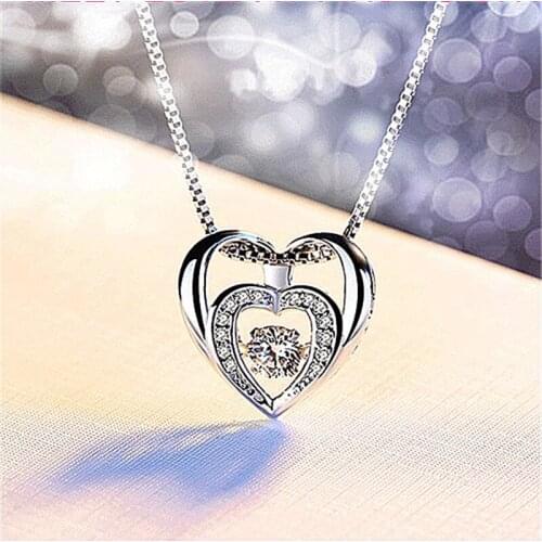 Trendy 925 Sterling Silver Necklace For Women Jewelry Classic Zircon Double Heart Pendant Necklace Girl Birthday Accessories Hot