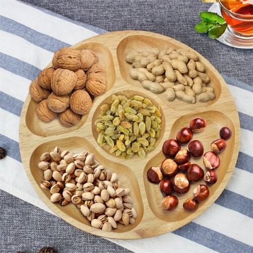 Japanese Style Natural Wooden Round Food Divided Plate Creative Dessert Snack Nut Storage Tray Candy Dish Kitchen Tableware