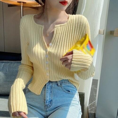 Womens T shirt Autumn Solid Color V-Neck Casual Long Sleeve Tops Female Button Up Knitted Fashion Cardigan Tops New