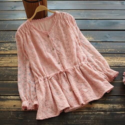 8440 New Spring Women Blouse Japan Style Literary V-Neck Solid Color Ruffle Sleeves Lace Shirt Women Tops