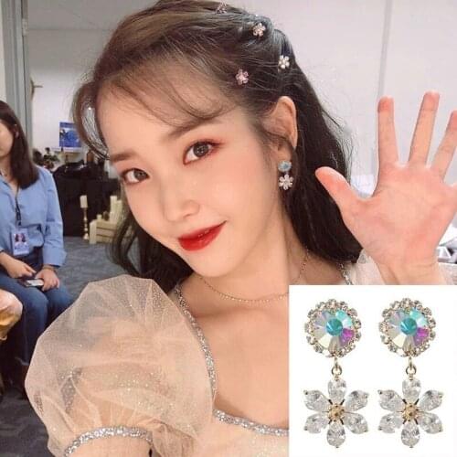 Shiny Crystal Flower Dangle Earrings For Women New Korean TV Star Zirconia Flower Drop Earring Daily Party Jewelry Accessories