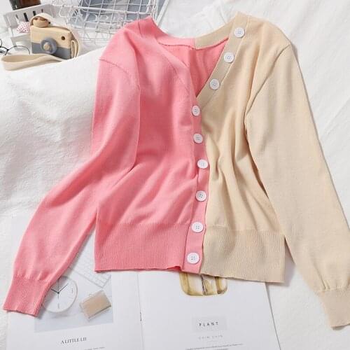 Fashion Patchwork Hit Color Knitted Cardigan 2020 Autumn Long Sleeve Single Breasted V-neck Women Sweater Coat Office Lady