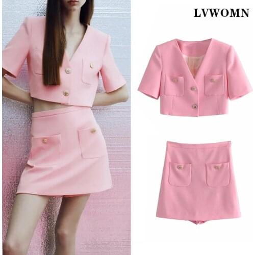 LVWOMN Za Women Cropped Blazer Set 2021 Summer Loose Pocket Blouse +High Waist Casual Shorts Skirt Woman Elegant Office Clothes