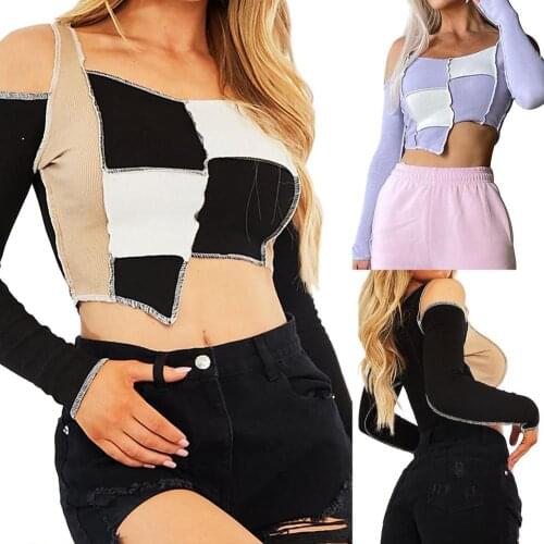 Women Color Block Crop Top Long Sleeved Off Shoulder blouse Irregular Rib Knit T-Shirt Autumn Elegant Long Sleeve Patchwork Top