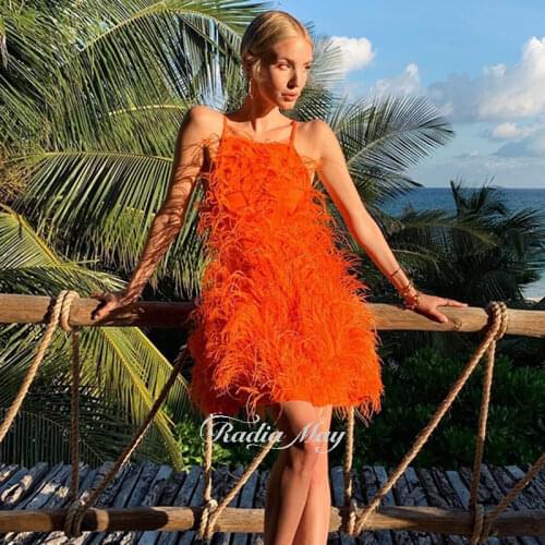 Luxury Pearls Beaded Feather Red Cocktail Dresses Sexy Spaghetti Straps Short Prom Dress Graduation Party Gowns For Women 2021