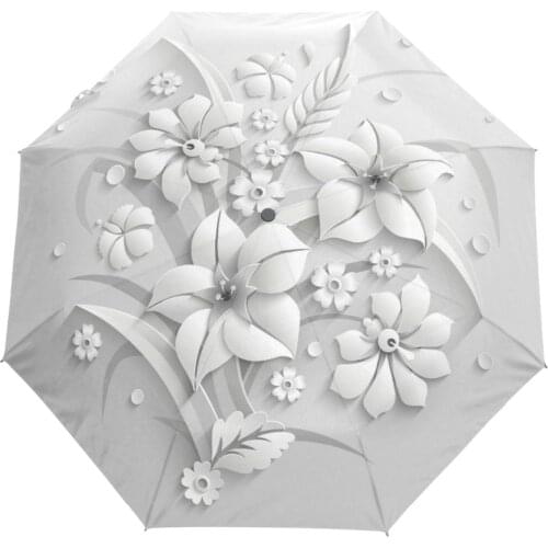 Full Automatic 3D Floral Guarda Chuva White Sun Protection Three Folding Umbrella Rain Women Anti UV Outdoor Travel Sombrinha