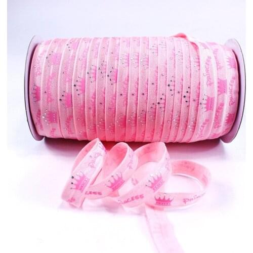 100yards/lot) Silver Foil Princess Pink Crown Fold Over Elastic 5/8" FOE Headband FOR Girls DIY Hair Band accessories