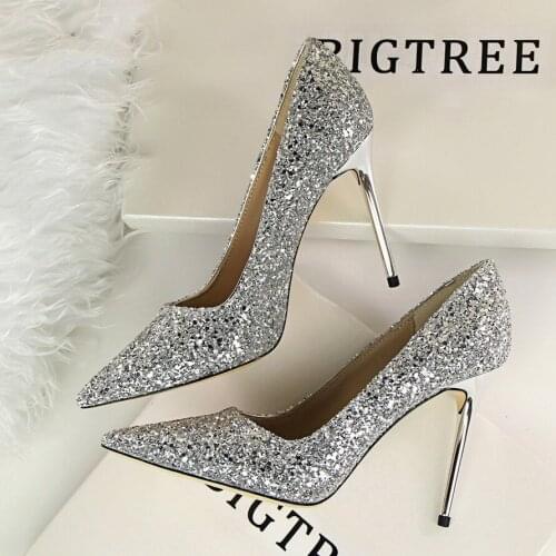 2021 fashion new womens shoes high heel shallow pointed shiny sequins sexy slim nightclub high heels plus size