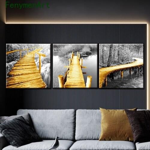 Abstract Golden Bridge Canvas Painting Nature Landscape Lake Poster and Print Grey Wall Art For Living Room Home Decor