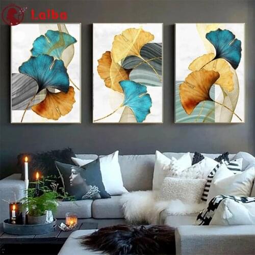 Diamond Painting Modern abstract art, golden blue leaves Cross Stitch Diamond Mosaic Embroidery crystal Beaded Handicraft3pcs