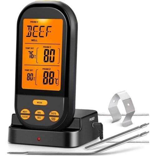 Wireless Meat Thermometer,Digital LCD Cooking Thermometer Timer Alarm Food Thermometer with Dual Stainless Steel Probes