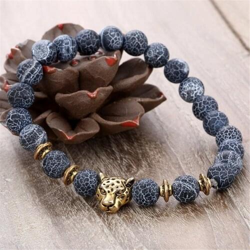8MM Black Weathered Alloy Leopard Head Beaded Bracelet Natural Ball Charms Bracelets For Women Men Elastic Fashion Jewelry