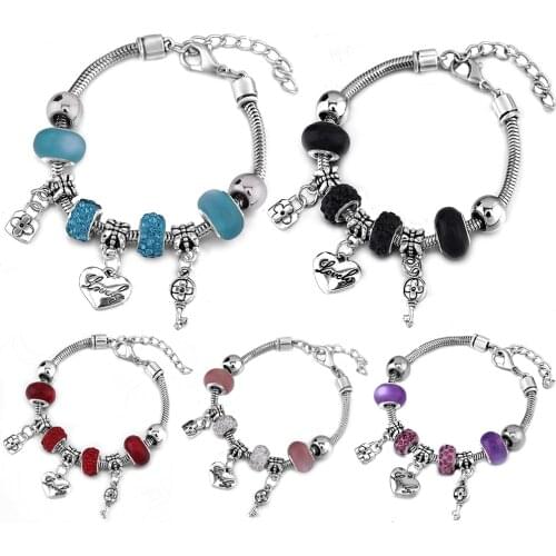 Charm Key and Lock Bangle 6-Color Heart Shape Style Bracelet Lobster Buckle Snake Chain Zircon Beaded Bangles 2021 Women Jewelry