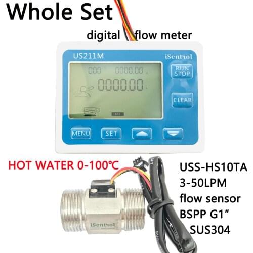Hot Water US211M Digital Water Flow Meter with SUS304 Stainless Steel G1" USS-HS10TA 3-50L/min Hall Water Flow Sensor Reader