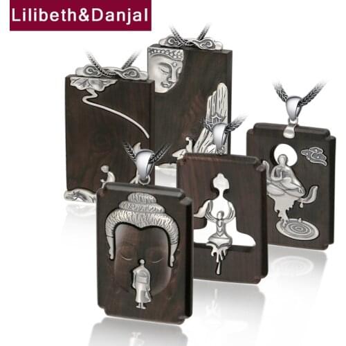 Men Buddha Pendant 925 Sterling silver Ethnic Sandalwood Lucky and safe Necklace Pendant Gift Fine Jewelry FP37