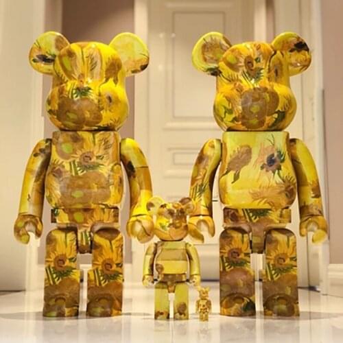 28cm Bearbricklys Figure 400% Bear&bricklys Toy Van Gogh Sunflower Blocks Bear Collectible Model Toy Action Figure Trendy Toys