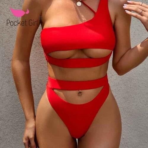 Pocket Girl 2020 One Shoulder Bikini Set Sexy Bikini High Cut Swimsuit Female Bathing Suit Hollow Out Swimwear Women Bathers