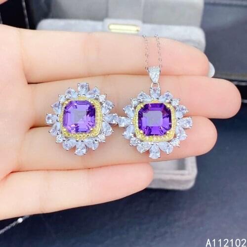 KJJEAXCMY fine jewelry 925 sterling silver inlaid natural natural Amethyst Womens exquisite square pendant ring set support che