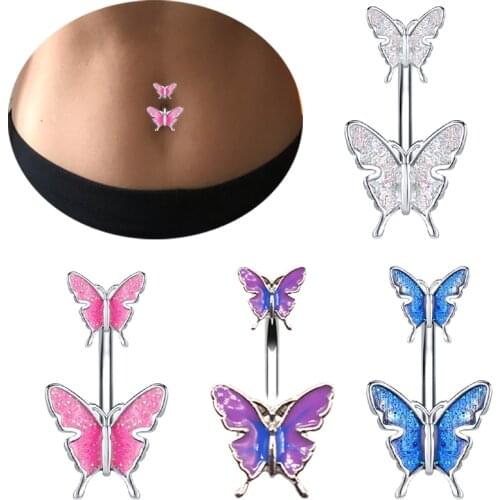 Butterfly Belly Button Ring Navel Piercing Ring Glitter Ombligo Cartoon Piercing Pink Exquisite Gift Woman Elegant For Girls