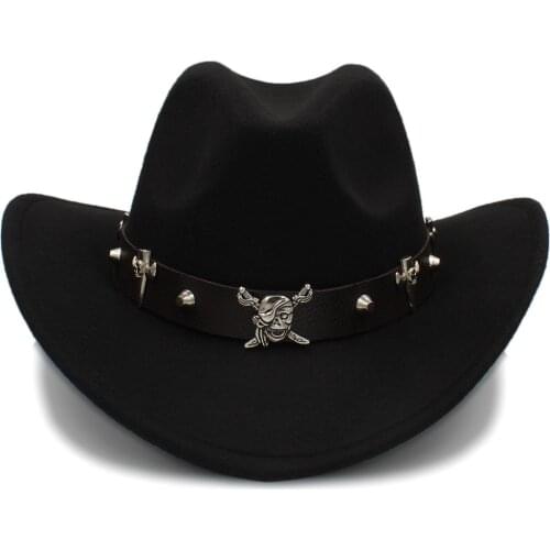 Fashion Women Wool Hollow Western Cowboy Hat Pirate Leather Belt Male Jazz Montana Sombrero Hombre Cap Size 56-58cm