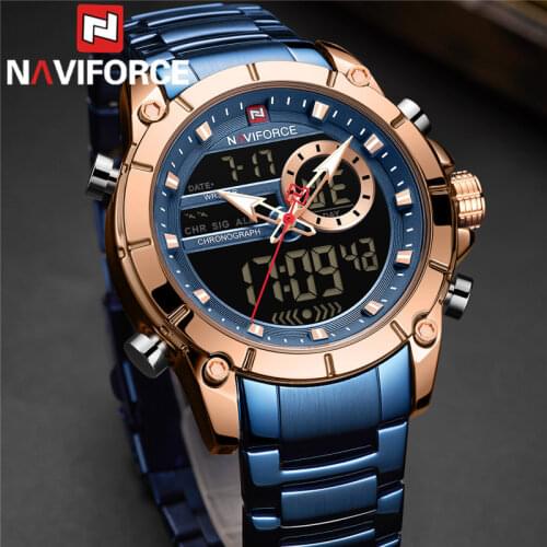 NAVIFORCE Top Brand Luxury LED Watch Men Waterproof Quartz Digital Male Clock Military Sport Stainless Steel Man Wristwatch 9163