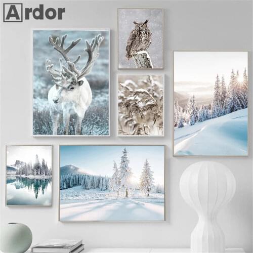 Deer Forest Flower Lake Snow Owl Landscape Winter Wall Art Canvas Painting Nordic Posters And Prints Wall Pictures Home Decor