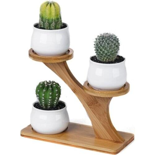 Plant Stand Bamboo Shelf Creativity Ceramics 3-level Owl Drawing Ceramic Decorative Decoration Indoor Outdoor 1set Flower Pots