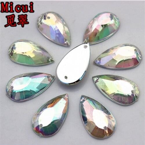 Micui 100pcs 11*20mm AB Clear Acrylic Rhinestone crystal Stone Drop flatback Rhinestone sew on 2 holes Clothing crafts ZZ103G