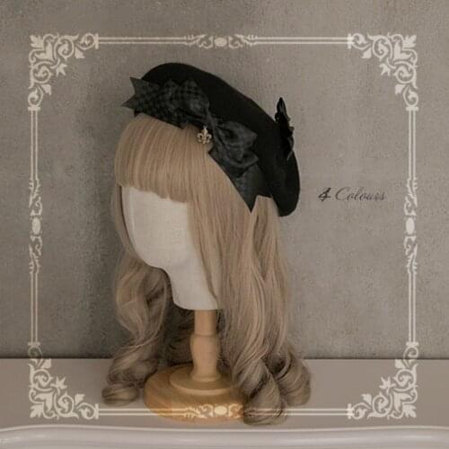 Rainbow Cat-Lolita Girls Pearl Chain+Bow 2 Way Drawers Beret Hat Kawaii Cute Woolen Painter Beret Cap 4 Colors 3 Types