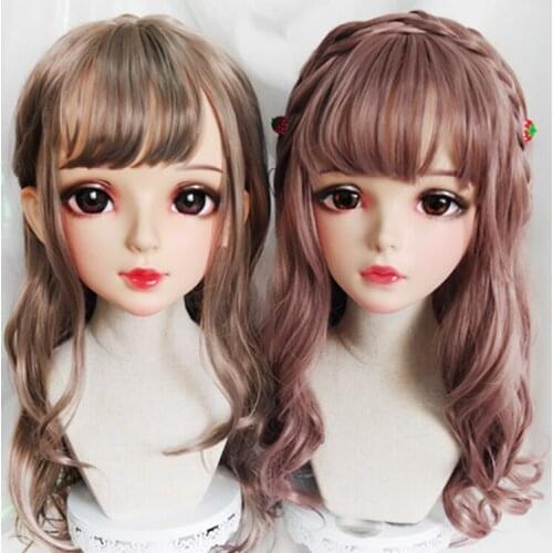 Shi-11)Female Sweet Girl Resin Half Head Kigurumi BJD Eyes Crossdress Cosplay Japanese Anime Role Lolita Mask With Eyes And Wig