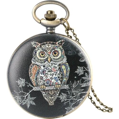 Vintage Mens Pocket Watch Owl Pattern Black Pocket Watch for Boy Arabic Digital Quartz Movement Pocket Watches for Teenager