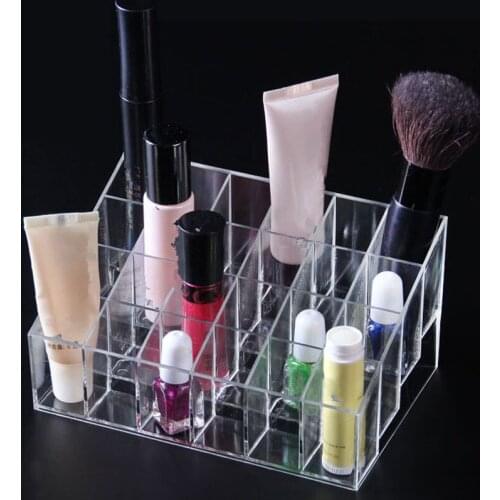 High Quality 24 Lattice Trapezoid Plastic Transparent Makeup Display Rack Lipstick Stand Rack Cosmetic Organizer Holder Box