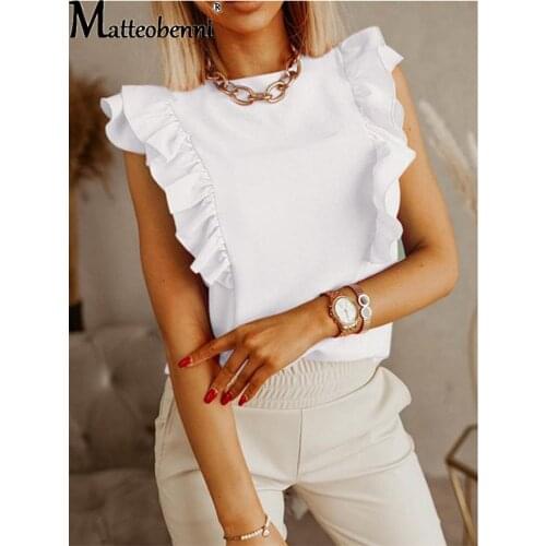 2021 Summer O Neck Shirt Blusas Elegant Sleeveless Women Ruffle Blouse Office Lady Sexy Tie-Up Backless Hollow Out Tops Pullover