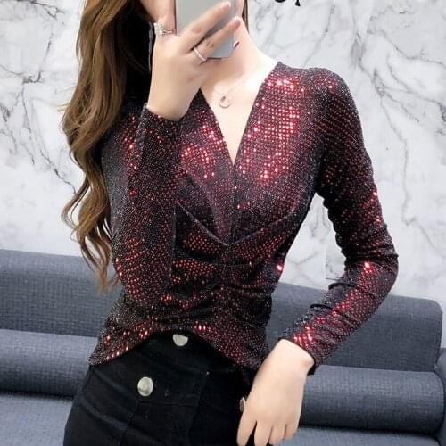 Women 2021 Spring Autumn Fashion Shirt Female V-neck Long Sleeve Sequin Bead Shirts Ladies Casual Blouse Top Blusa Feminina A411