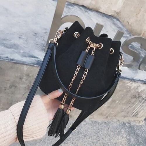 Women Ladies Suede Shoulder Bags Chain Tassel Simple Bucket Bags Crossbody Messenger Bag