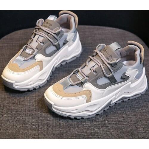 2021 Women Sneakers Ladies Platform Shoes Girls Genuine Leather Sport Sneakers Female Brand Chunky Sneakers Gray Shoe Trainers