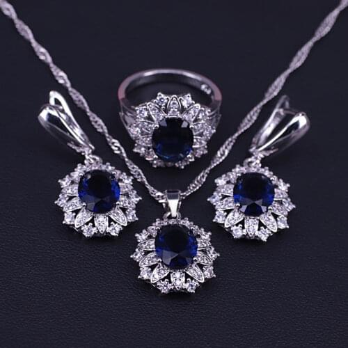 Many colors Silver Color Jewelry Ring Earrings Necklace Set For Women Blue Cubic Zircon Geometric Shiny Bridal Set