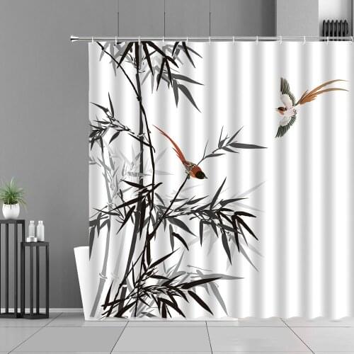Ink Painting Bamboo Leaves Bird Shower Curtains Mountain Water Plant Landscape Waterproof Bathroom Curtain Chinese Home Decor