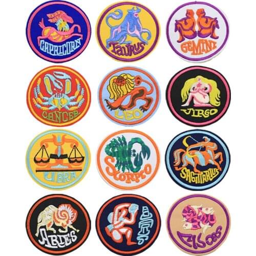 Zodiac Sign Iron-On Embroidered Patches for Clothing DIY Stripes Applique Clothes Stickers Iron on Patches Badges Personality